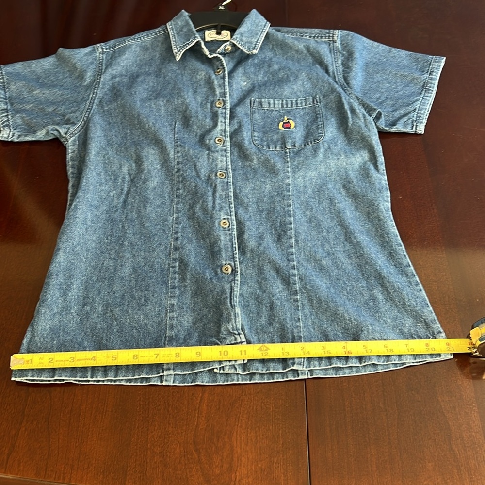 🌞 Bugle Boy For Her Vintage 90s short sleeve button up blue denim shirt M - Picture 12 of 16